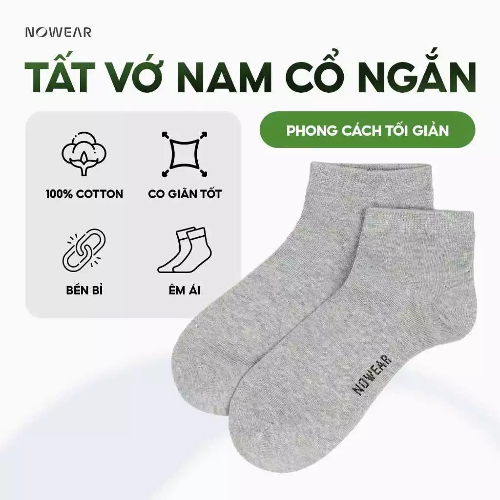 Tất Vớ Nam Cổ Ngắn NOWEAR - Cotton Co Giãn, Khử Mùi, Thoáng Khí, Phù Hợp Mọi Thời Tiết