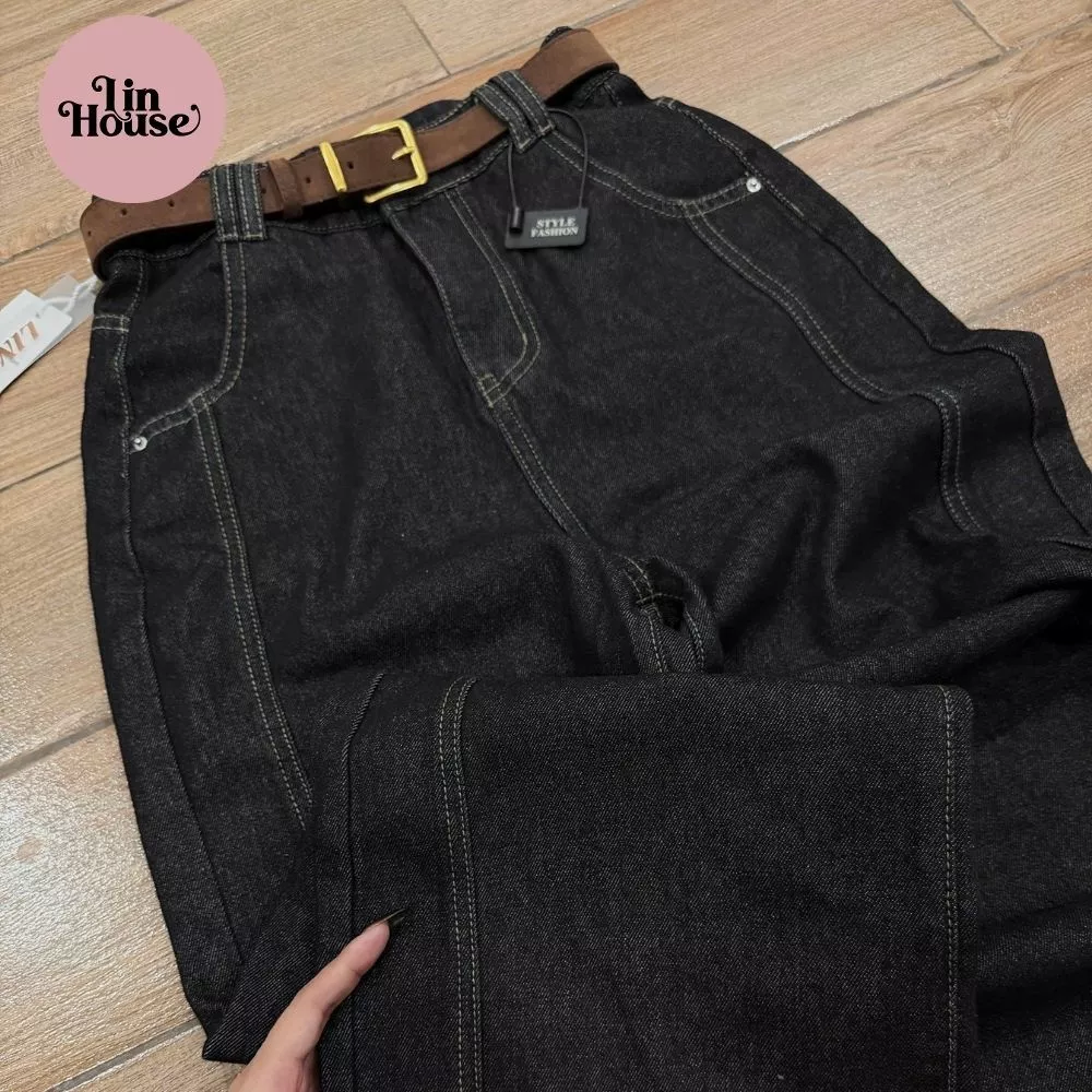 (MÃ 11) Quần Jean Nữ Suông Nối Thân Màu Xám Than – Quần Jeans Ống Rộng Lưng Cao, Jean Cotton Dày Đẹp