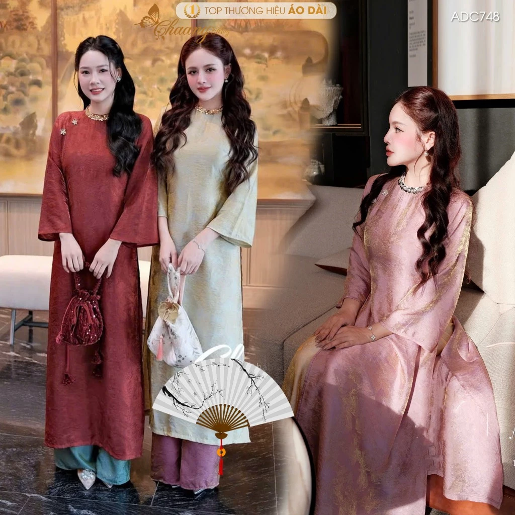 Áo dài cách tân nữ Tường Xuân dáng suông xưa lụa tằm the óng Tencel ADC748 áo dài Tết dự tiệc cưới hỏi lễ đẹp
