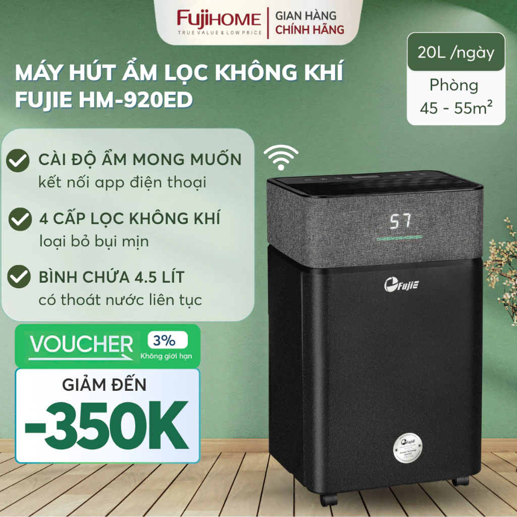 Máy hút ẩm 55m2 FUJIE HM-920ED 20 Lít lọc không khí kiểm soát ẩm mùa nồm cho gia đình dùng app mini