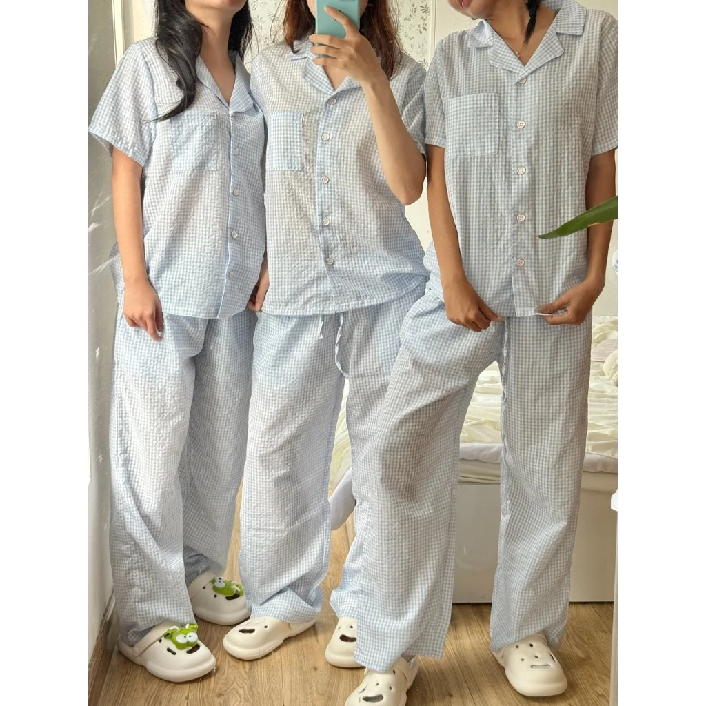 MOLLYE - OLI PIJAMA| Set đồ bộ pyjama, đồ ngủ quần dài tay ngắn hoạ tiết caro xanh phong cách Hàn Quốc