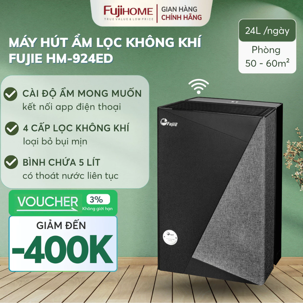 Máy hút ẩm 60m2 FUJIE HM-924ED 24 Lít lọc không khí kiểm soát ẩm mùa nồm cho gia đình dùng app mini