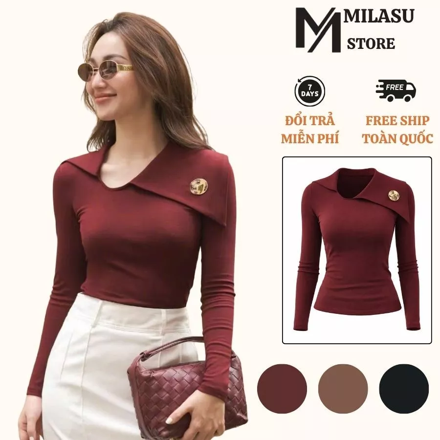 Áo Thun Dài Tay Vạt Cổ Lệch Khuy Milasu Áo Cổ Vạt To Co Giãn Trẻ Trung 511