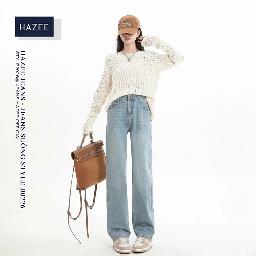 HAZEE Quần Jean Nữ Ống Suông Rộng Cạp Cao Tôn Dáng Wash Xanh Nhạt Denim Cao Cấp Form Hàn Quốc
