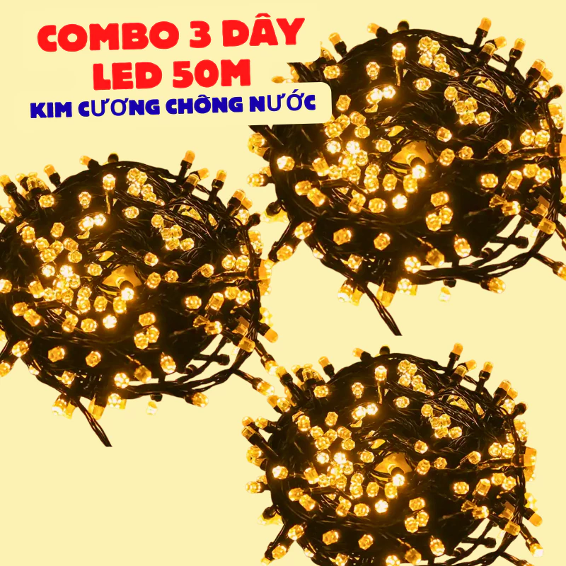 COMBO 3 Dây Đèn Led Kim Cương 50M Trang Trí Ngoài Trời Chống Nước, Đa Màu Và Vàng Nắng