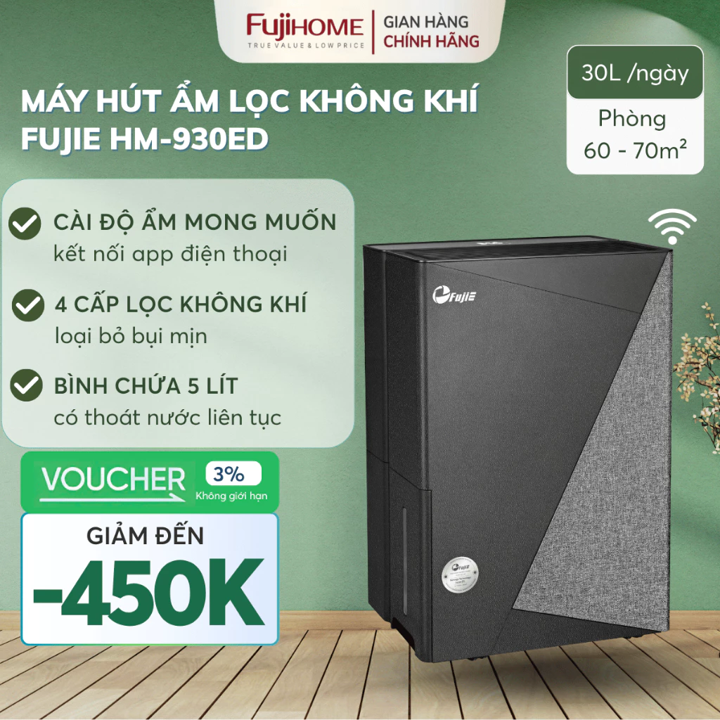 Máy hút ẩm 70m2 FUJIE HM-930ED 30 Lít lọc không khí kiểm soát ẩm mùa nồm cho gia đình dùng app mini