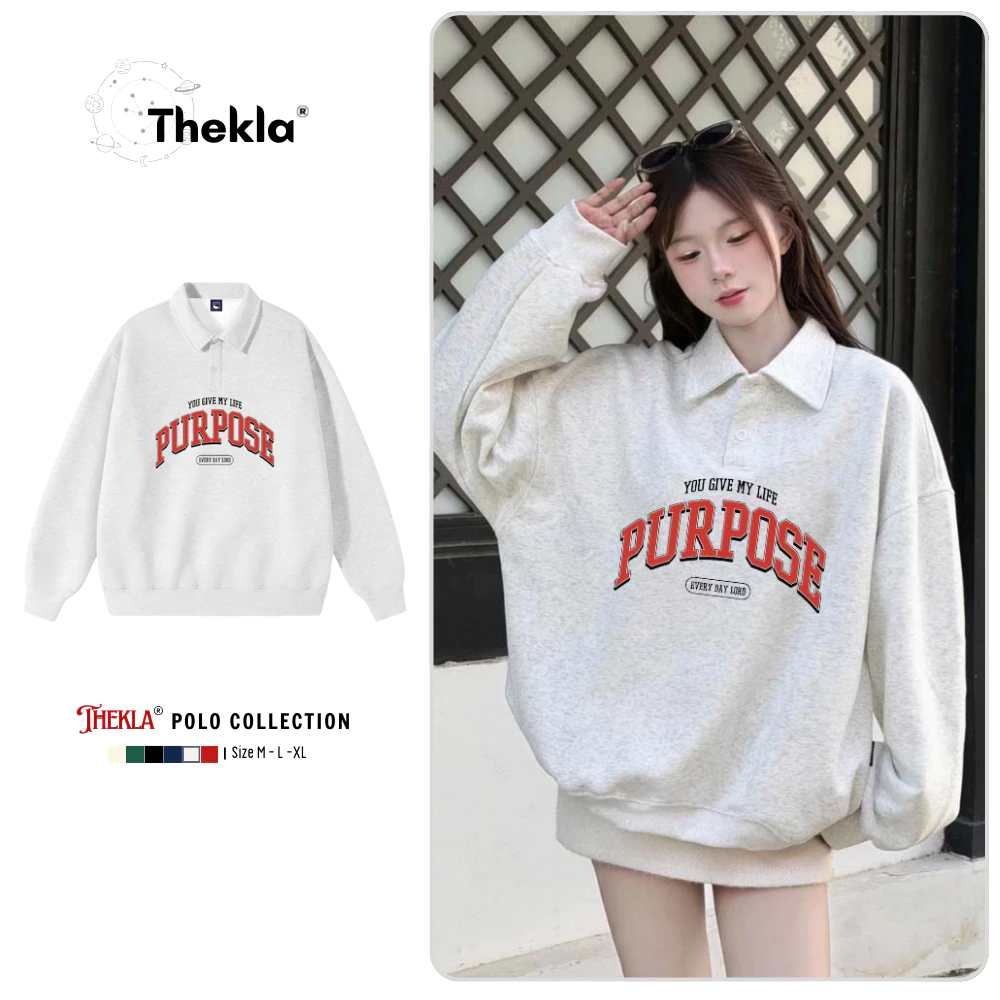 Áo Nỉ 2 Da Polo Cổ Bẻ Dáng Xuông Form Rộng By Thekla In Chữ Purpose Trendy - BST202 Unisex Cho Nam Nữ Giữ Ấm Thu Đông