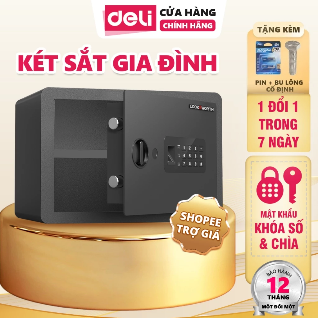 Két Sắt Mật Mã Vân Tay Deli Size A4 Gia Đình Văn Phòng Khách Sạn