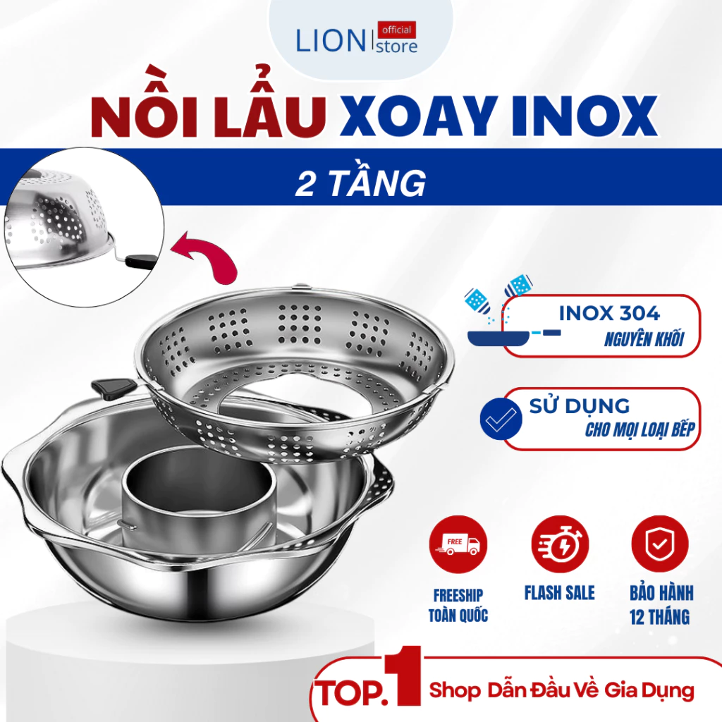 [𝐠𝐢𝐚𝐝𝐮𝐧𝐠𝐋𝐈𝐎𝐍] Nồi Lẩu Inox 304 Xoay 2 Tầng – Nồi Lẩu 2 Tầng Hàn Quốc Dùng Mọi Loại Bếp X496