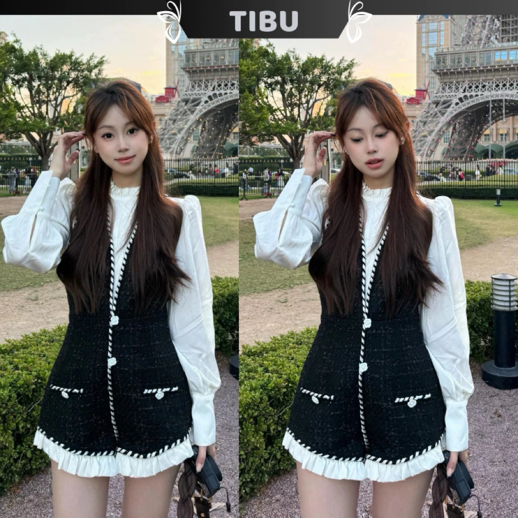 TIBU - Set Áo Sơ Mi Phối Quần Dạ Yếm Viền Bèo Ngắn Tôn Dáng Sang Chảnh Đi Chơi Tiệc Tết B700