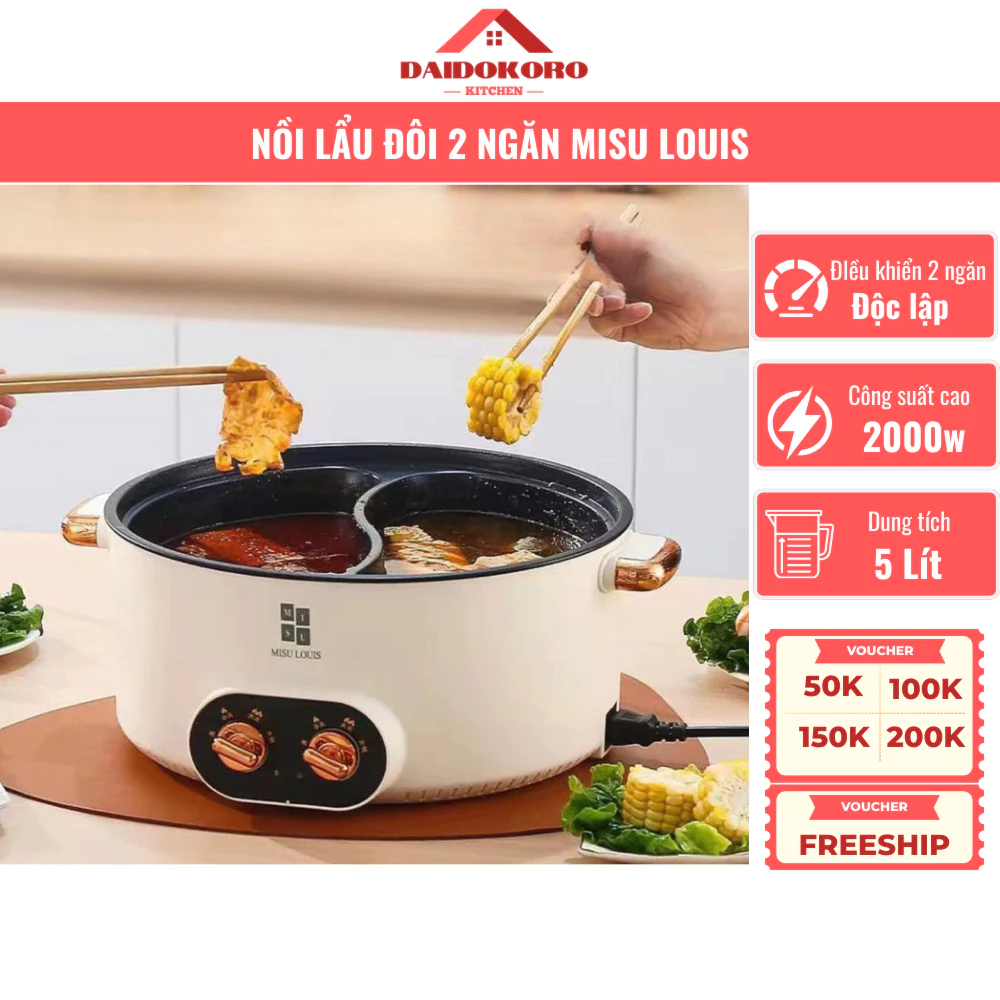 Nồi Lẩu Điện Đôi 2 Ngăn Misu Louis Nhiệt Độ Độc Lập, Dung tích 5 Lít, Có Thể Chiên, Xào, Nấu