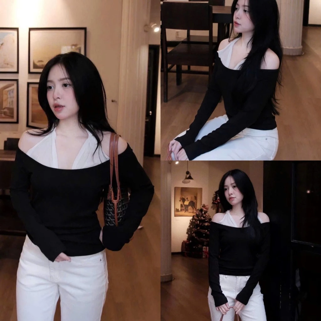 (Hàng Shop): Áo Thun Zip Đen Phối Cổ Xoắn Trắng Hở Vai Siêu Lạ Mix Đồ Gì Cũng Xinh Chất Thun Mềm -Ảnh Thật Lollaye