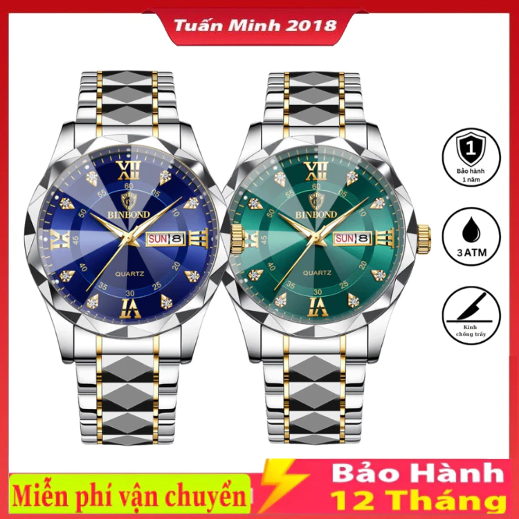 Đồng hồ nam BINBOND I22 dây kim loại chống gỉ, chống nước, kim dạ quang, chạy bằng pin, có lịch ngày