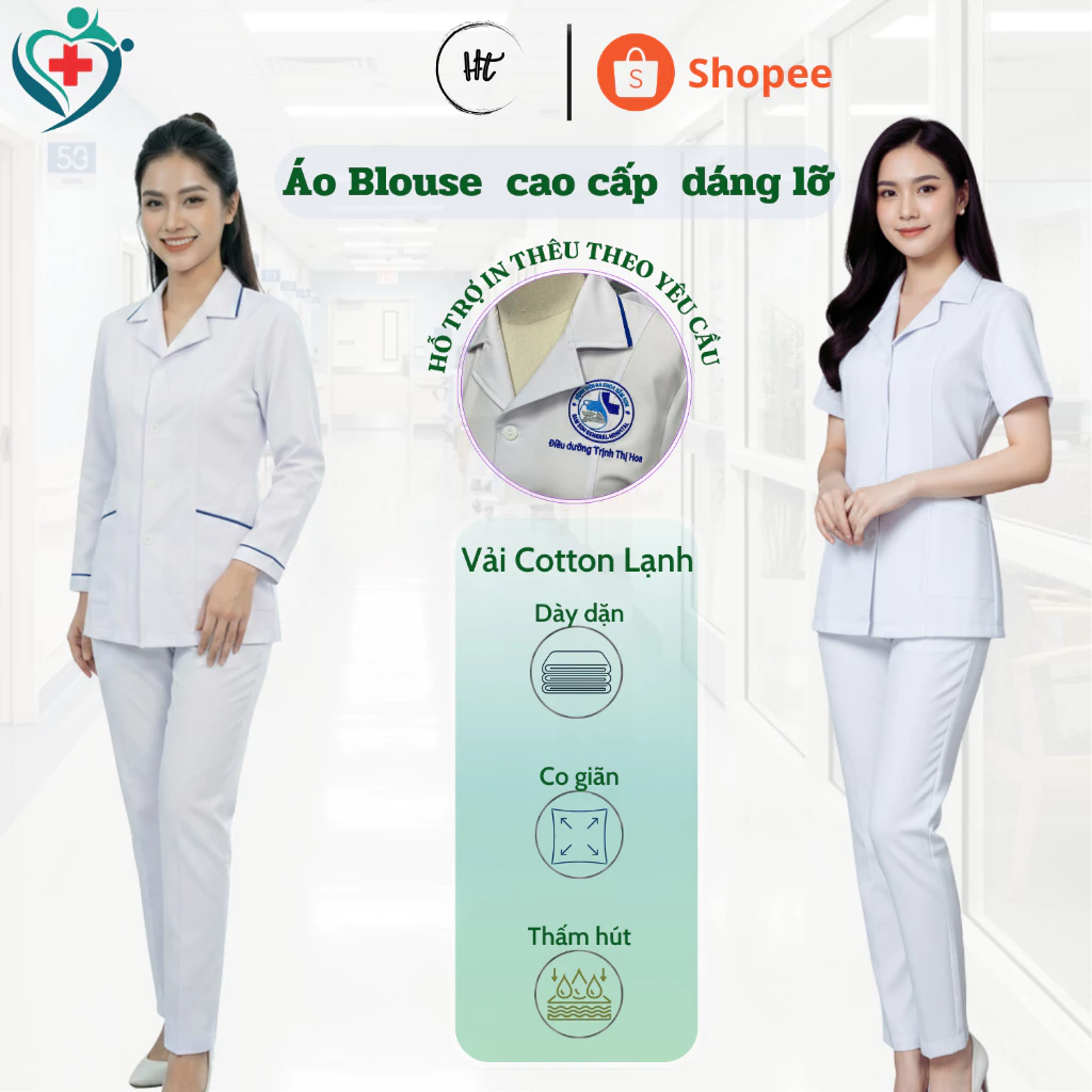 [giá xưởng] Áo Blouse CAO CẤP dáng ngắn, chuyên dụng cho y tá, điều dưỡng viên, spa, beauty, thẩm mỹ