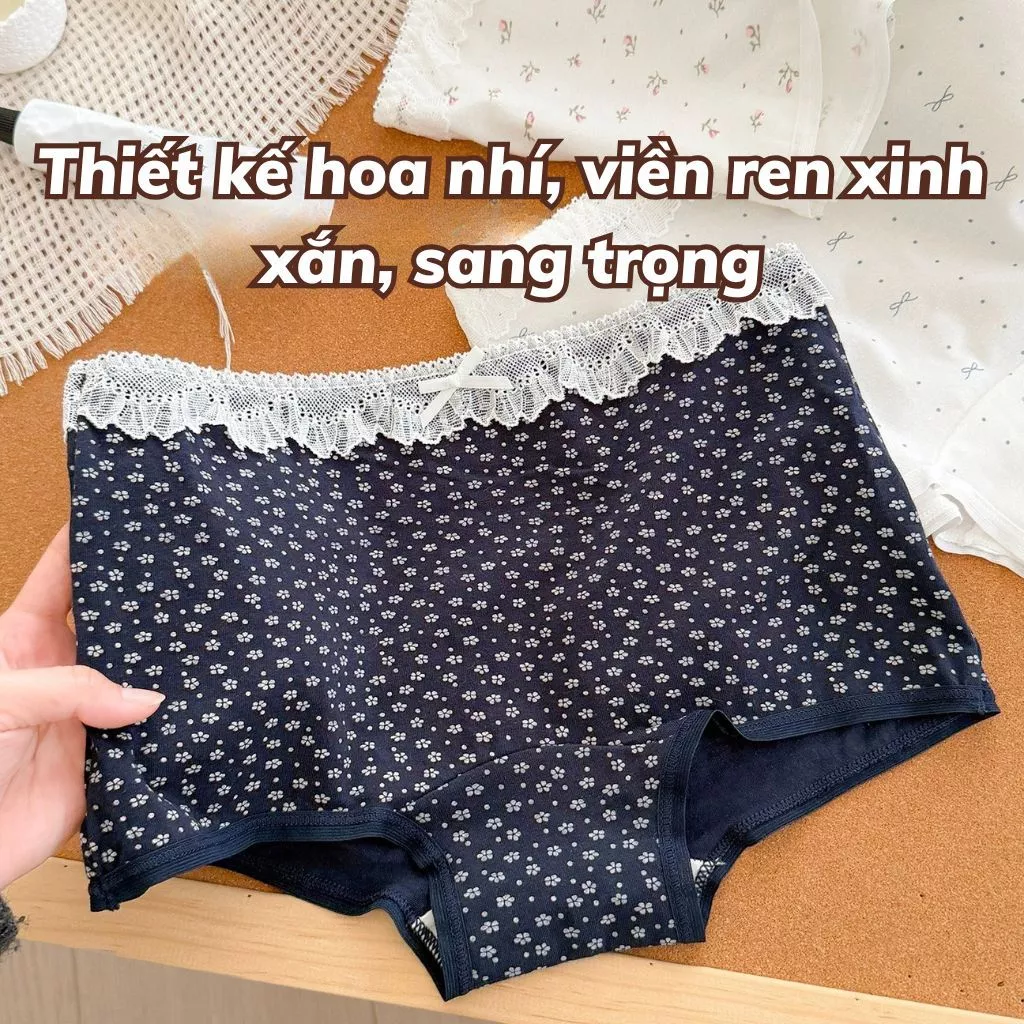 Quần lót nữ đùi cotton kháng khuẩn cao cấp ren sang trọng họa tiết hoa nhí đính nơ xinh xắn L5522