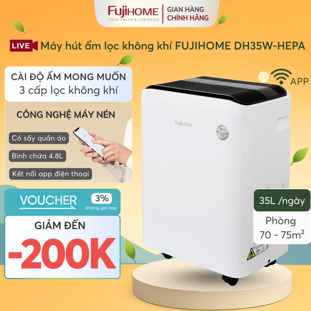 Máy hút ẩm dân dụng công suất lớn FUJIHOME DH35W-HEPA, máy khử ẩm không khí diệt khuẩn tia UV 35L