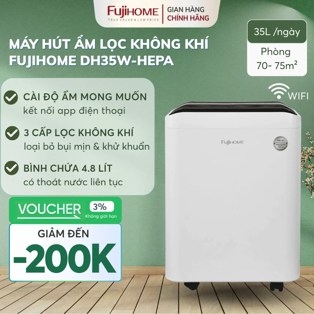 Máy hút ẩm không khí FUJIHOME DH35W-HEPA, máy hút ẩm không khí gia đình thông minh kết nối từ xa