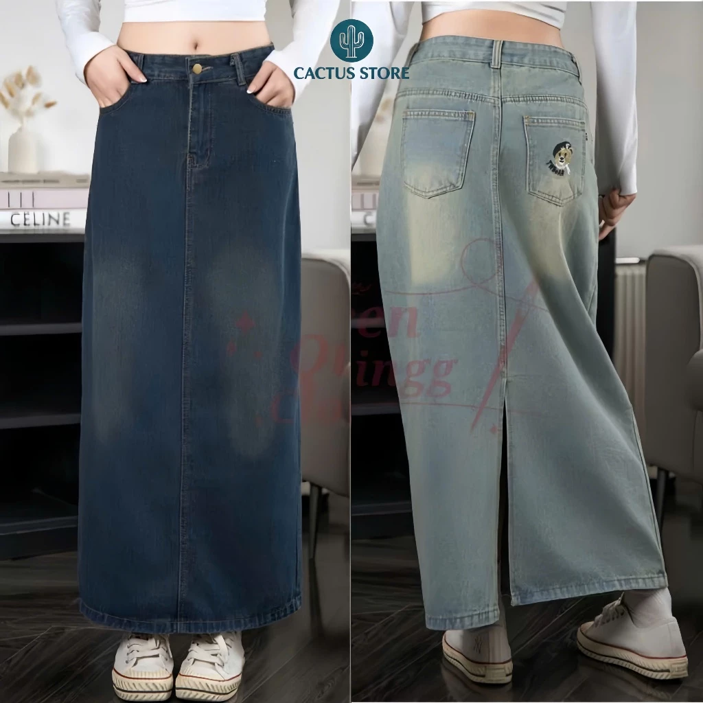 (XS-4XL) Chân váy jeans suông dài, chân váy bò dài có xẻ sau túi quần thêu gấu - jeans mềm tôn dáng