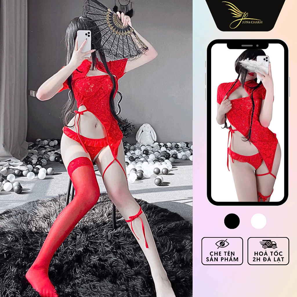 Cosplay Trung Hoa, Bộ Ngủ Hóa Trang Sườn Xám Sexy JUNA Freesize Thời Trang Đồ Ngủ Dành Cho Nữ, Chất Ren, Màu Đỏ/SP2424A