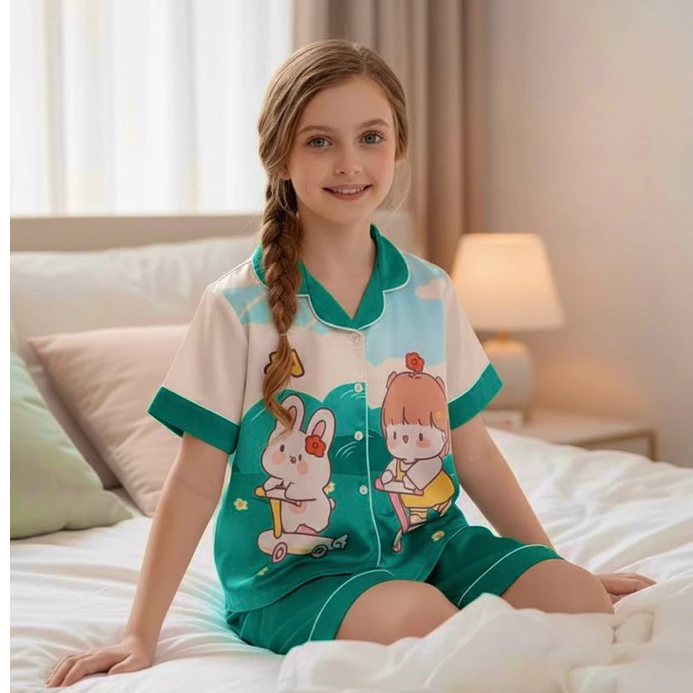 Bộ pijama bé gái vải latin mềm mại họa tiết cô bé và thỏ trượt scooter cực dễ thương | Đồ ngủ trẻ em cao cấp, thoáng mát