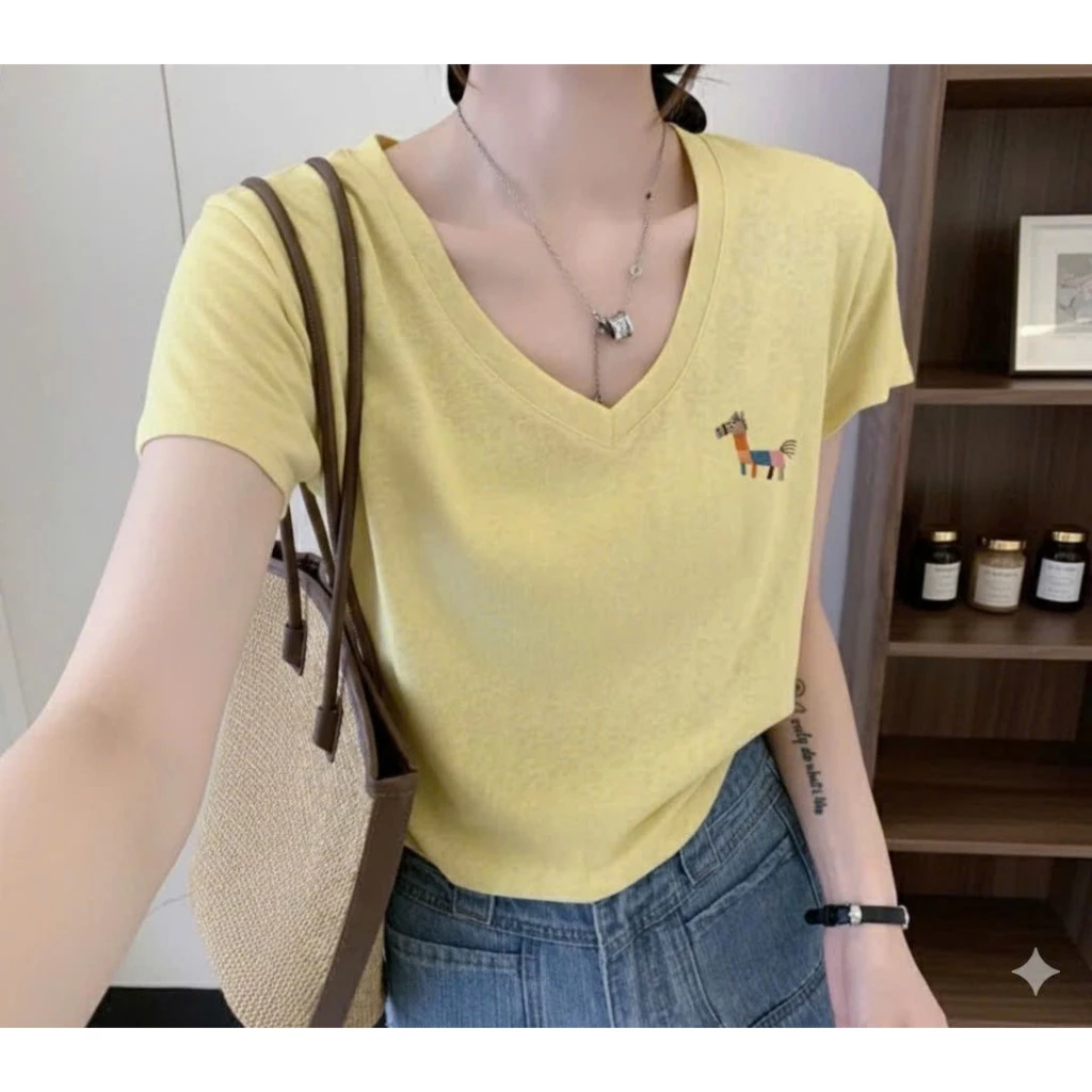 Áo thun nữ tay ngắn dáng lửng in hình chú ngựa nhỏ chất thun cotton giấy co giản thoáng mát mẫu