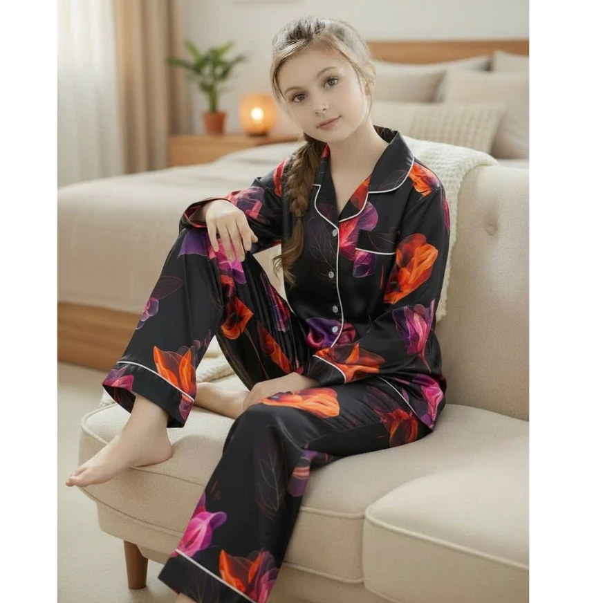 Bộ pijama bé gái vải latin tay dài họa tiết gấu yêu thương | Đồ ngủ trẻ em mềm mại,, mặc ở nhà siêu dễ thương