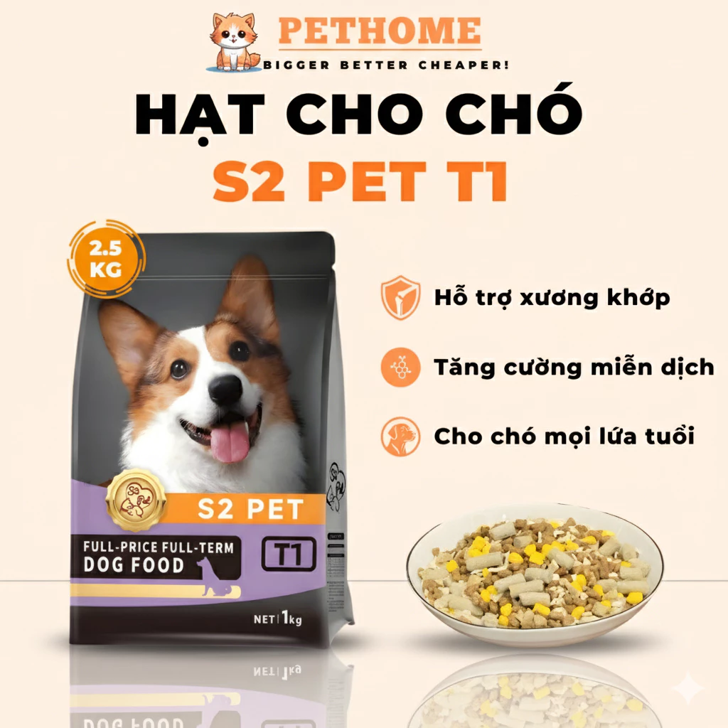 Hạt Cho Chó S2PET T1 Túi 2.5kg Hỗ Trợ Xương Chắc Khỏe, Kích Thích Thèm Ăn Cho Chó Mọi Lứa Tuổi