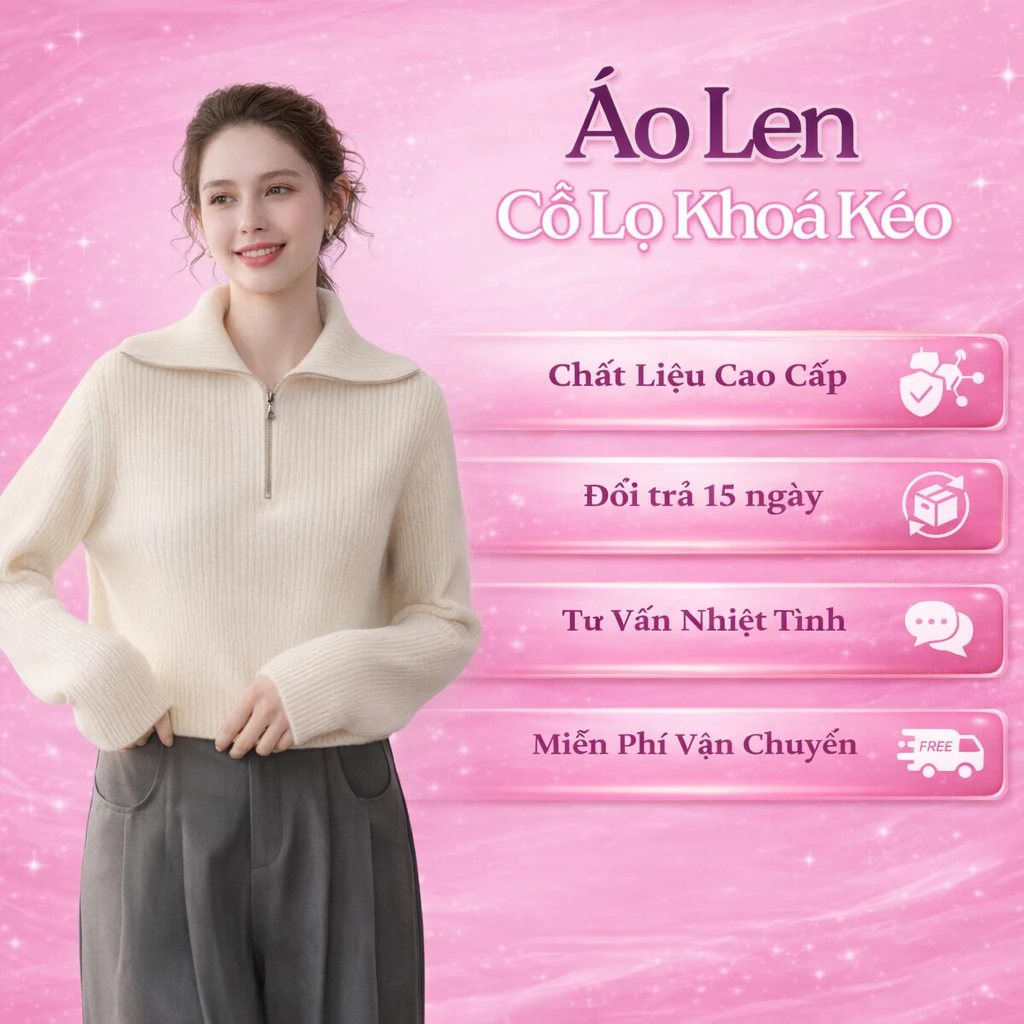Áo len nữ dài tay cổ lọ phối khóa kéo phong cách basic, thiết kế tiểu thư thanh lịch sang trọng