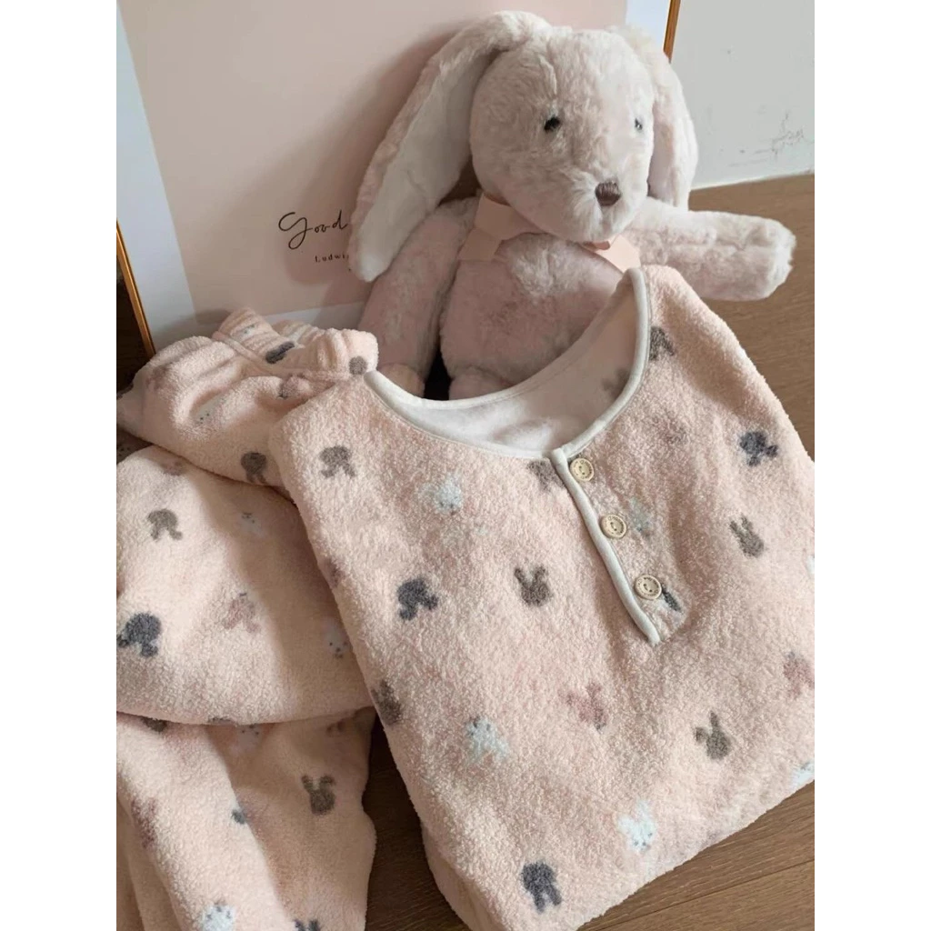 [Ord-874] Bộ Pijama ngủ lông gấu thỏ Pinky cho nữ chất dày dặn nặng tay hoạ tiết cute đáng yêu form rộng thoải mái