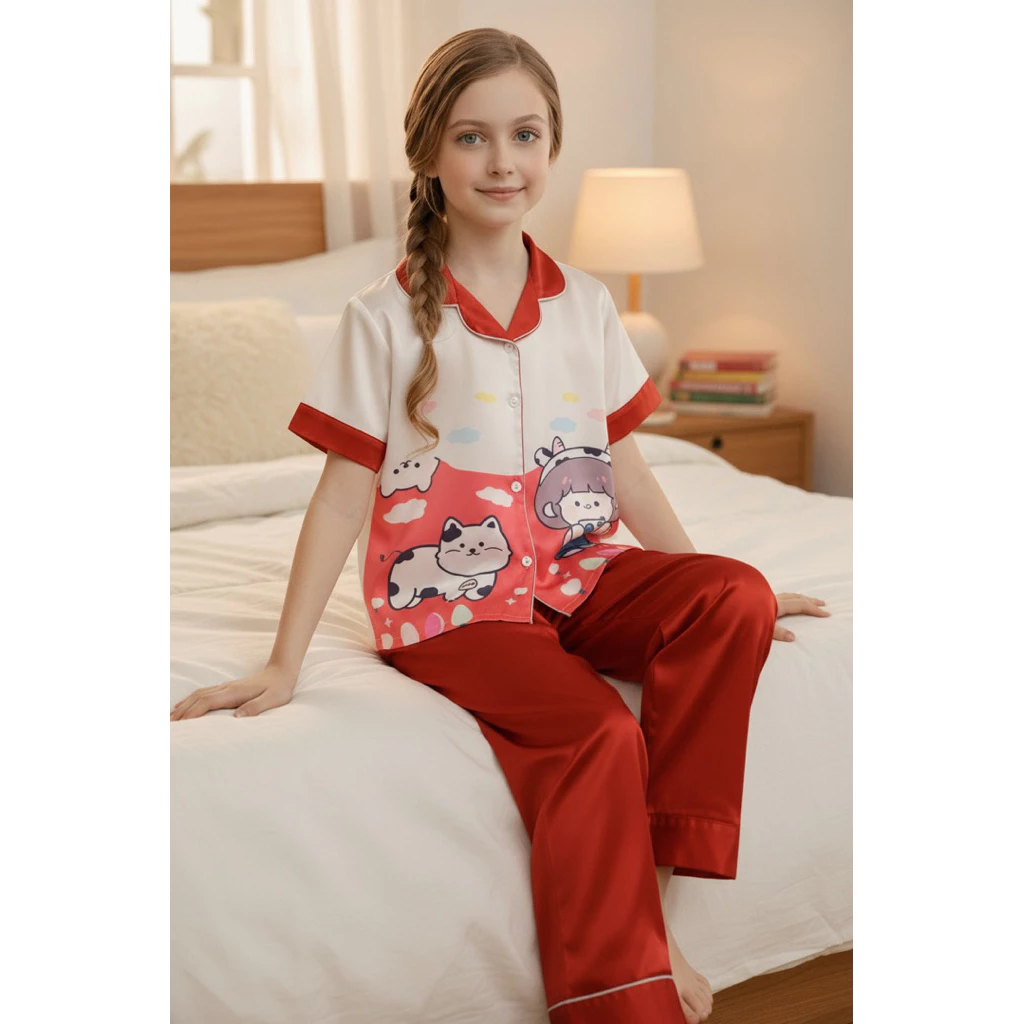 Bộ pijama bé gái vải latin họa tiết cô bé và chú chó dễ thương | Đồ ngủ bé gái chất mềm mát, form rộng mặc ở nhà 10-60kg