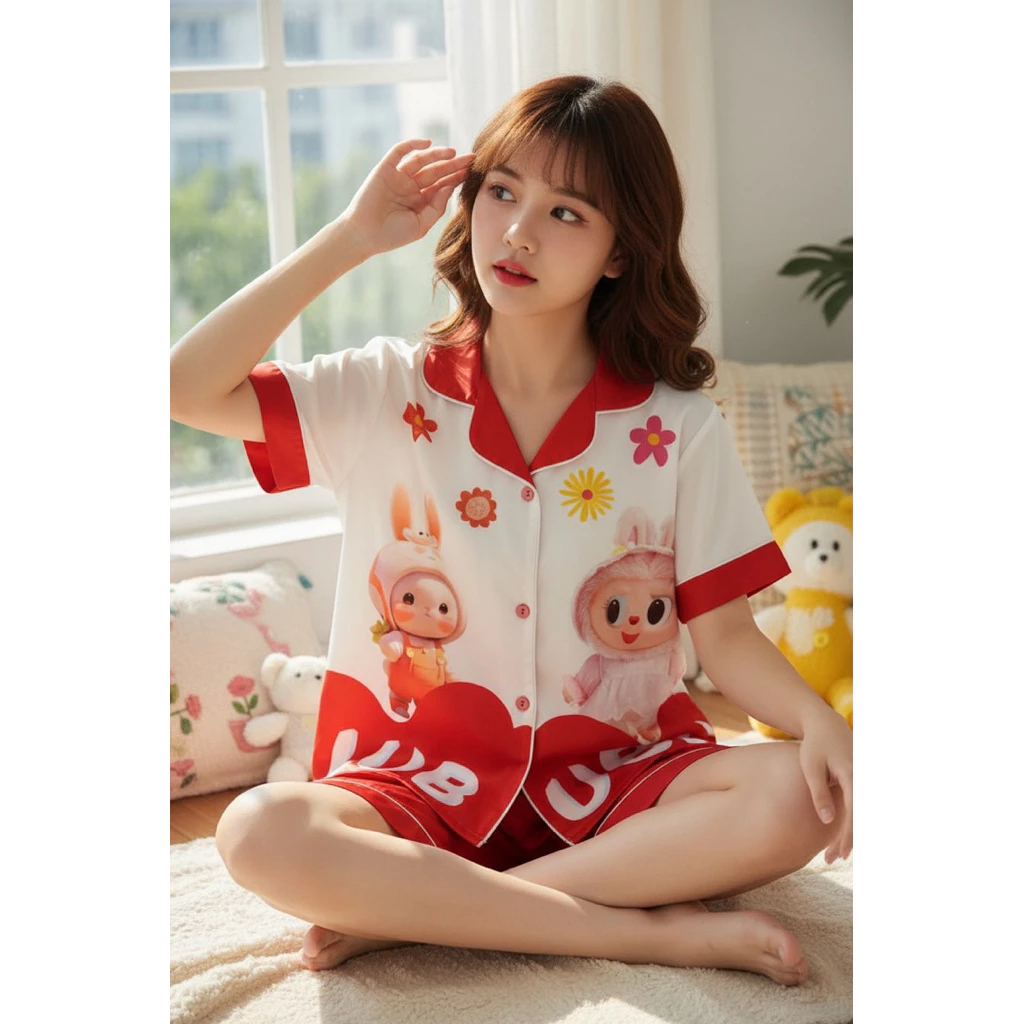 Bộ pijama bé gái vải latin họa tiết búp bê Labubu dễ thương | Đồ ngủ bé gái mềm mát, cao cấp, mặc ở nhà