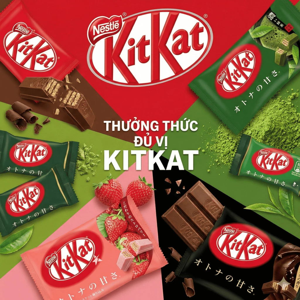 Gói Socola Kitkat Vị Truyền Thống, Vị Dâu, Vị Trà Xanh, Mân Xôi, Hạnh Nhân Nhật Bản