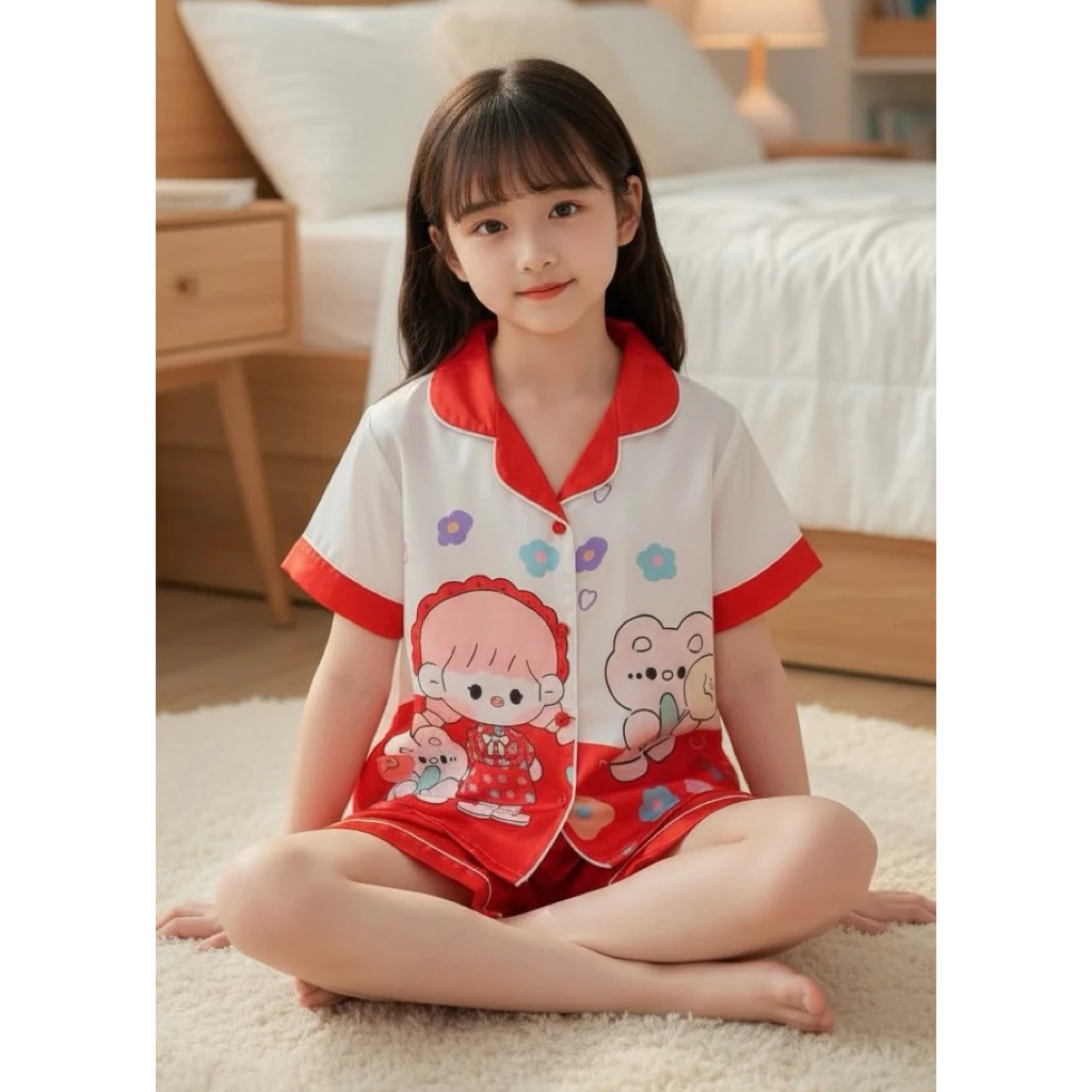 Đồ ngủ bé gái pijama latin tay ngắn quần đùi hình bé gái & gấu – bộ ngủ dễ thương cho bé từ 10–65kg