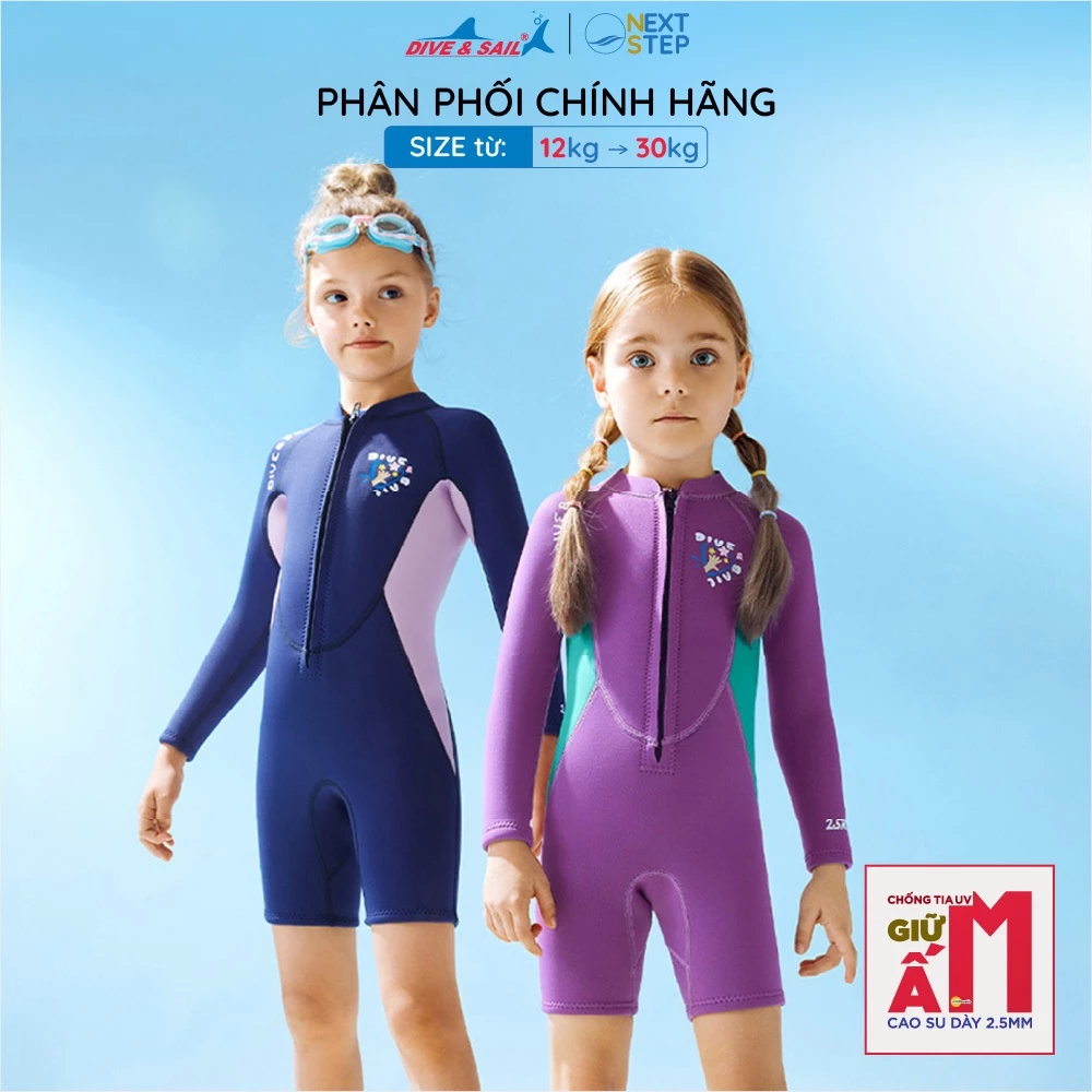 Đồ bơi bé gái giữ nhiệt DIVE and SAIL size 12-30kg cao su dày 2.5mm tay dài chống nắng ngăn tia UV