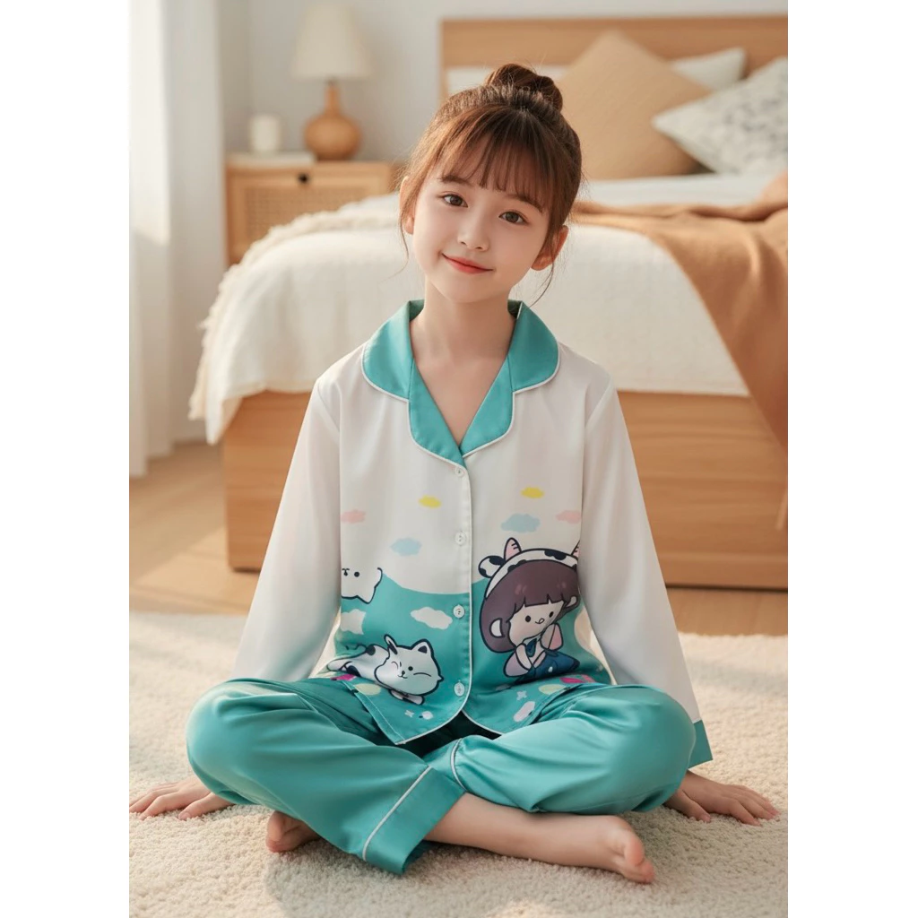 Đồ bộ bé gái tay dài vải Latin hình bé gái & mèo cực xinh – Pijama dài tay mặc 4 mùa – size 10–65kg