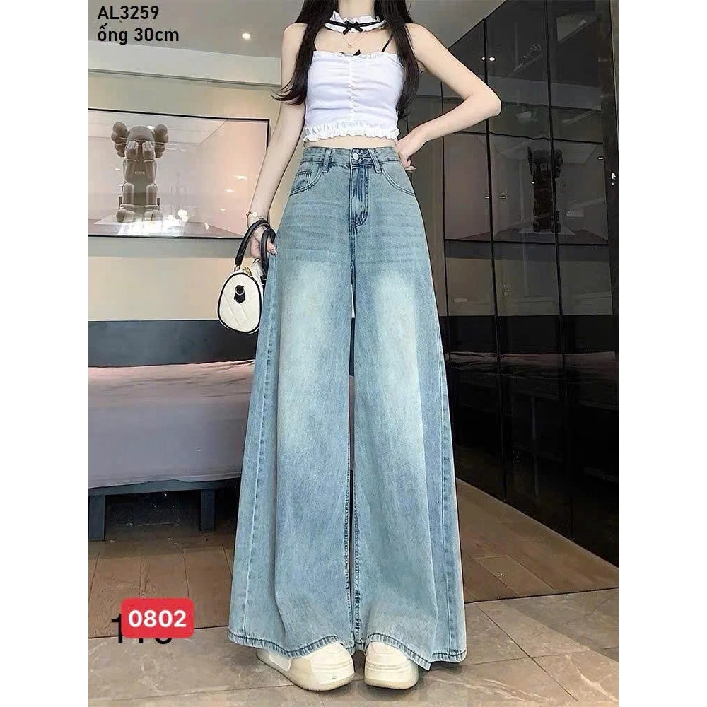 Quần Jean Nữ Suông Lưng Cao,Quần Baggy Jean Nữ Ống Rộng chất bò không giãn thời trang trẻ trung 0802
