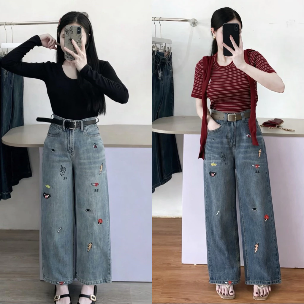 (87+97cm) Quần jean nữ ống suông rộng QC thêu full  ( 7242 )