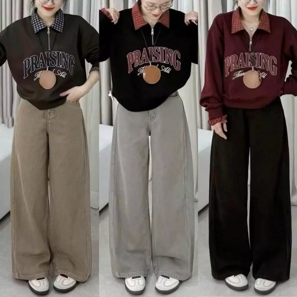 YURI JEANS -(Mã1410 )Quần Jean Nữ Ông Suông Màu Nâu Choco - Nâu Tây - Xám Thời Trang Mã1410