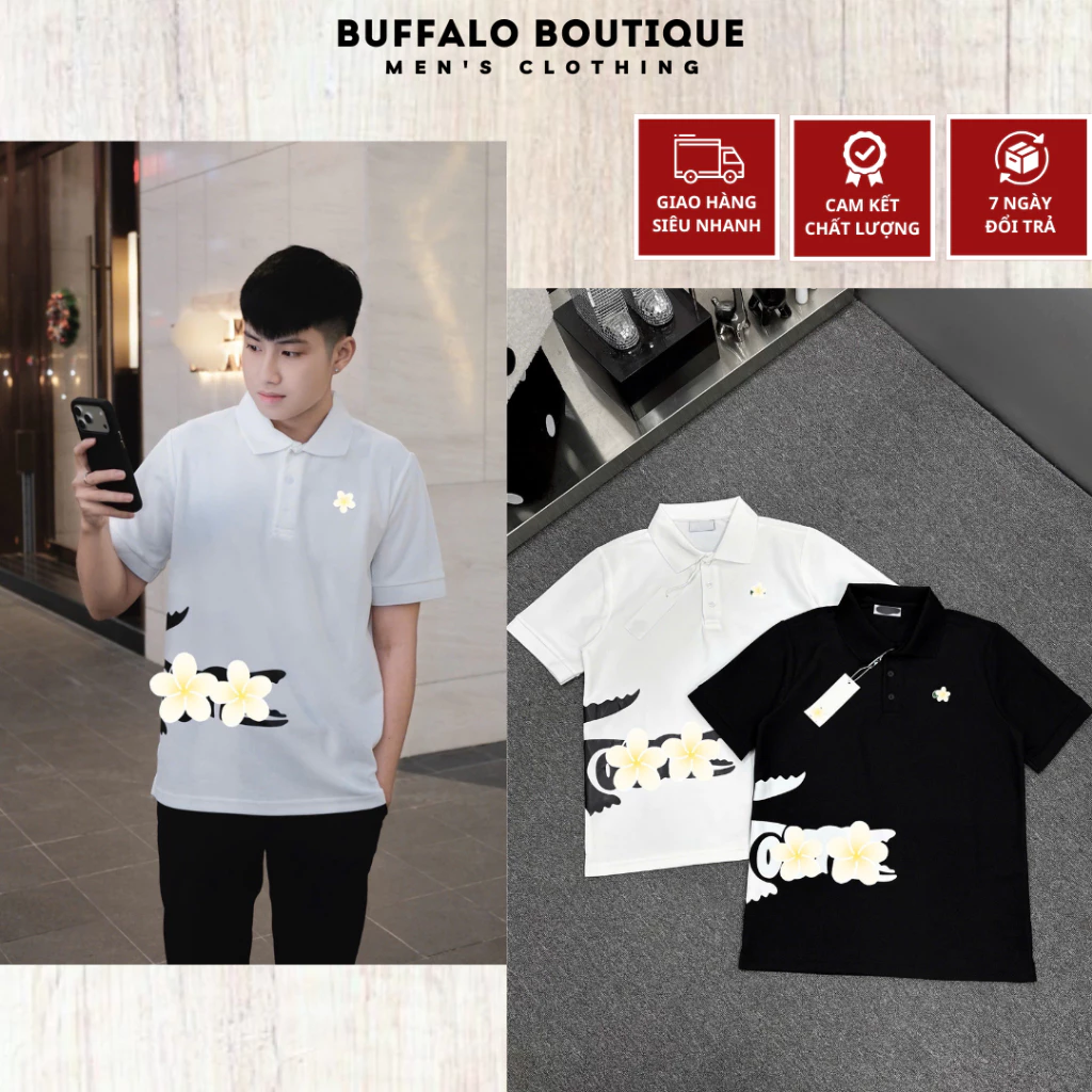 Áo Polo Nam Chất Cotton Gai Cao Cấp - Áo Polo Nam Nữa Họa Tiết Con Cá In Logo Siêu Đẹp