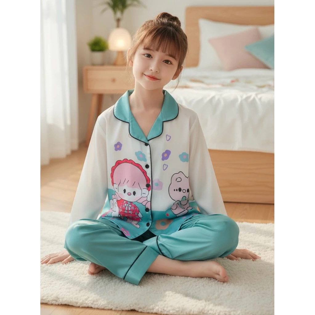 Bộ pijama bé gái tay dài vải latin cao cấp hình gấu bông siêu xinh | Đồ ngủ trẻ em êm mịn thoáng mát, đủ size 10–65kg