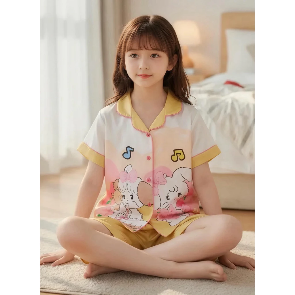 Đồ bộ bé gái vải Latin tay ngắn quần đùi – pijama cún thỏ gấu siêu dễ thương, mặc mát cả ngày – size 10–65kg