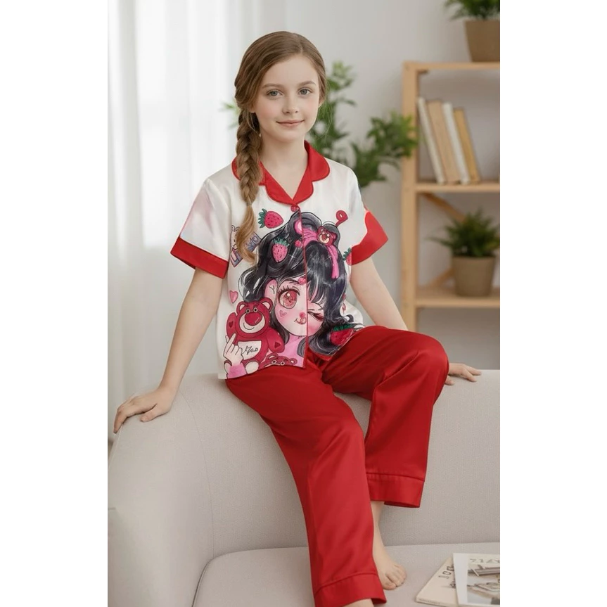 Bộ pijama bé gái vải latin họa tiết cô bé tóc đen và dâu tây dễ thương | Đồ ngủ bé gái mềm mát, chất cao cấp, mặc ở nhà