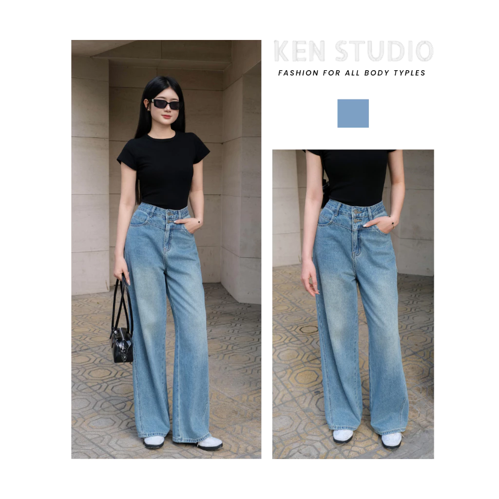 Quần jean suông ống rộng nữ tôn dáng đứng form , quần jeans nữ suông ống rộng KenStudio Q023