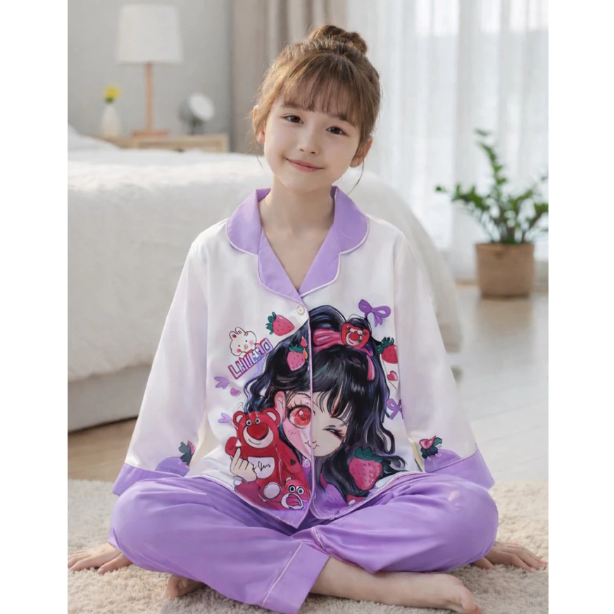 Bộ pijama bé gái vải latin tay dài họa tiết cô bé tóc đen dễ thương | Đồ ngủ bé gái mềm mát, cao cấp, mặc ở nhà