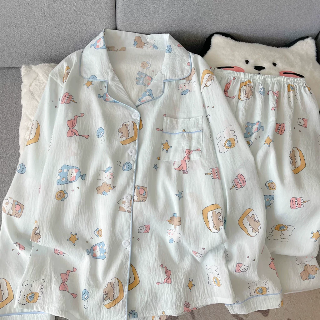 Đồ Ngủ Nữ Pijama Cotton Mây Cao Cấp - Bộ Ngủ Dài Tay Họa Tiết Gấu Vintage Dễ Thương, Vải Bông Vân Mây Mềm Xốp Thoáng Khí