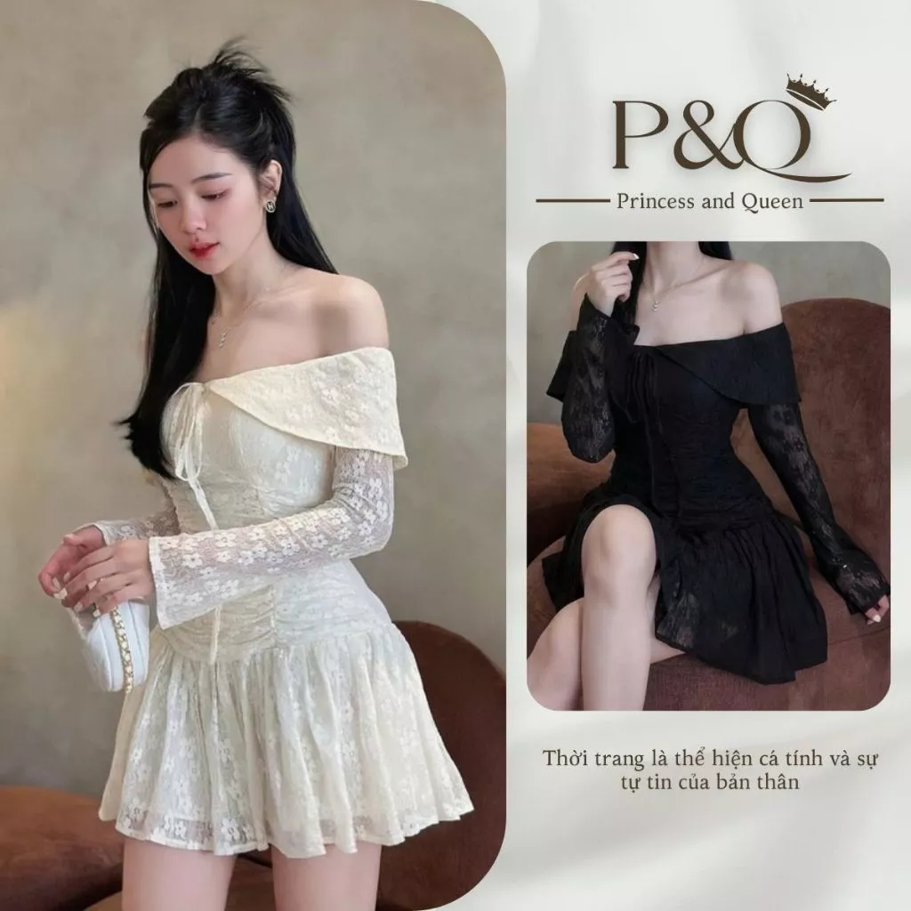 Đầm ren nữ P&Q xòe trễ vai tay dài dáng ngắn mini hai màu trắng hoặc đen tôn dáng | vd0106