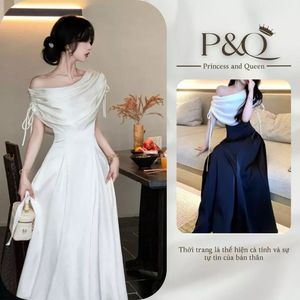 Đầm Trễ Vai P&Q Dáng Xòe Thanh Lịch Váy Dự Tiệc Cotton Hàn Cao Cấp | vd0107