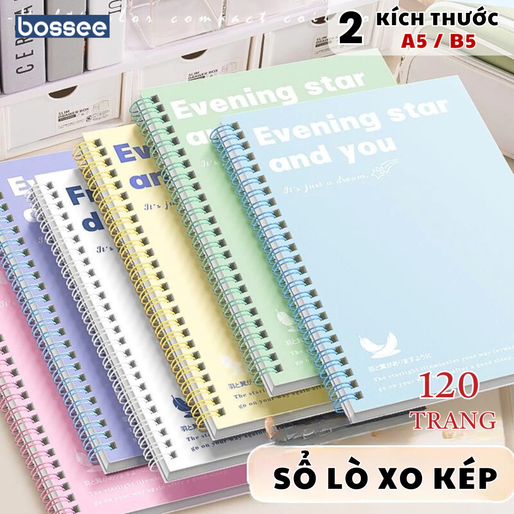 Sổ Lò Xo A5/B5 Pastel 120 Trang Vở Kẻ Ngang Học Sinh Giấy Chống Lóa Dày Dặn Không Thấm Mực _ Bossee
