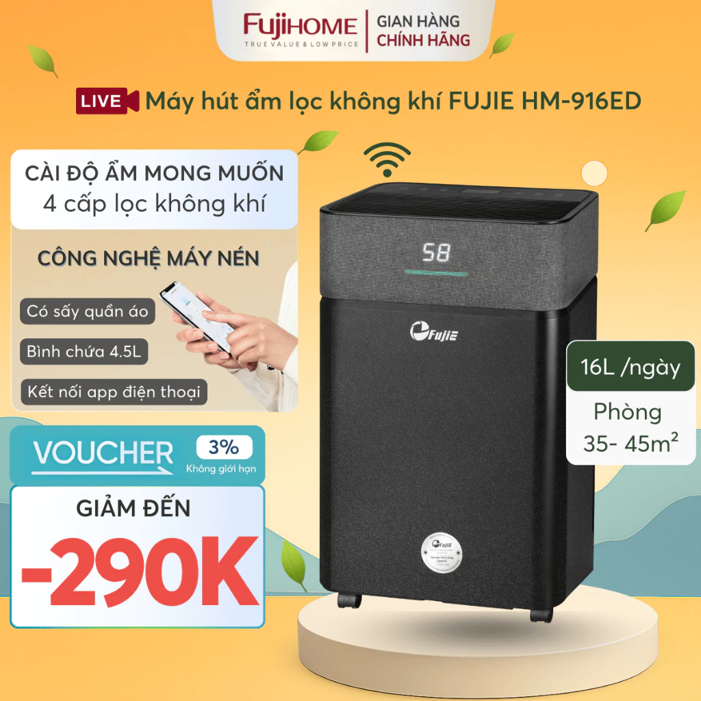 Máy hút ẩm 45m2 lọc không khí bụi mịn 16L FUJIE HM-916ED, chống mốc phòng ngủ wifi tiết kiệm điện