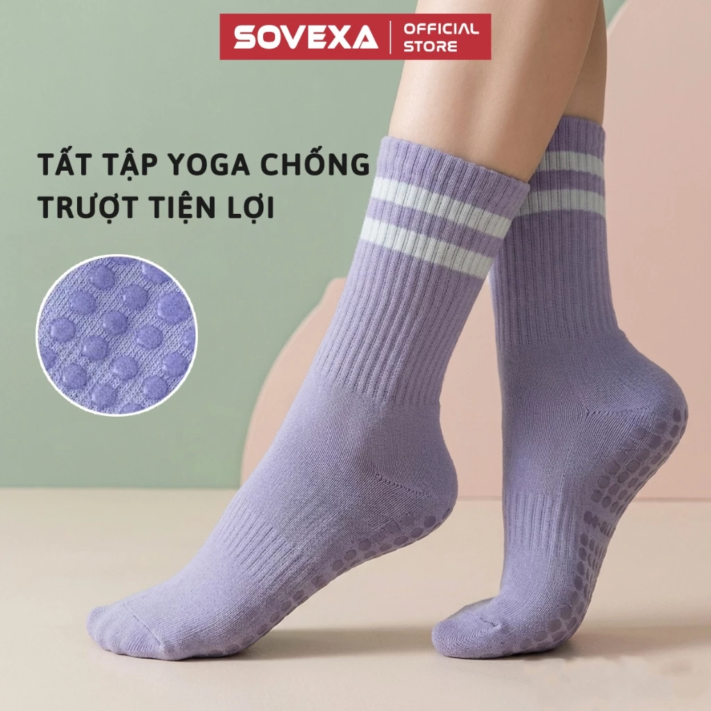 Tất Tập Yoga Đệm Silicon Chống Trượt SOVEXA Vớ Thể Thao Nữ Cổ Cao Tập Pilates Len Co Giãn Freesize